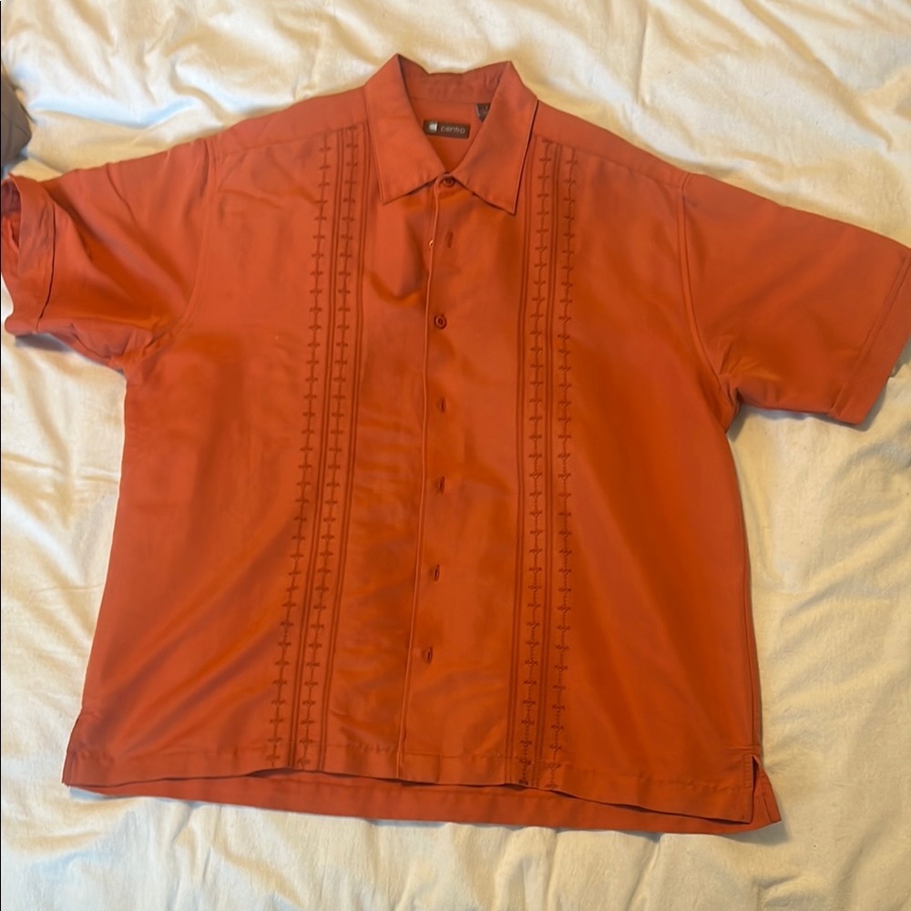 Centro Orange Casual Button Down Shirt with Embroidered Panels